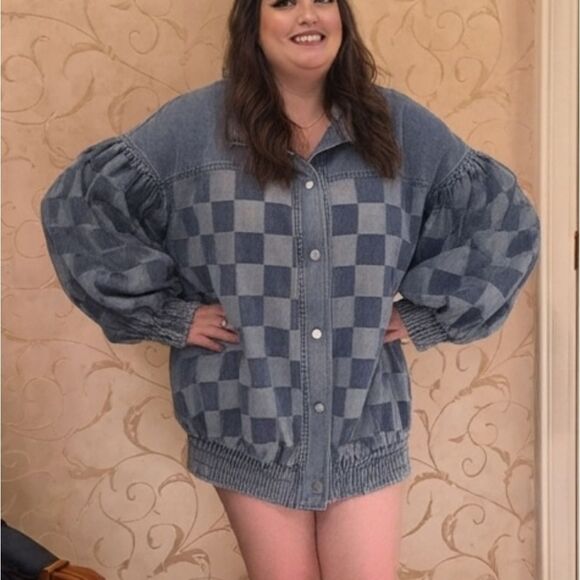 🎁25% Off Bundles🎁 Oversized Checkered Coat Denim Jacket Faded Blue - Picture 4 of 4